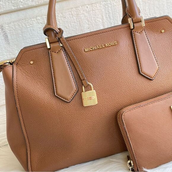 MICHAEL KORS Tan Acorn Hayes Satchel + Wallet Raven Jet Set Bedford Selma Mercer - Picture 2 of 12